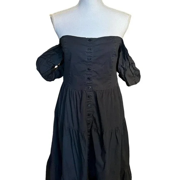 Staud Elio Cotton Poplin Off Shoulder Black Midi Dress Size 12 - Picture 5 of 9
